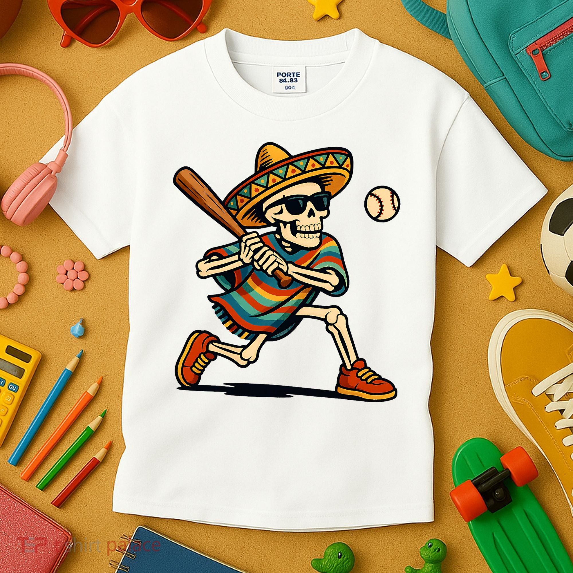 Cinco De Mayo Mariachi Skeleton Baseball Mexican Sombrero  Kids T-Shirt