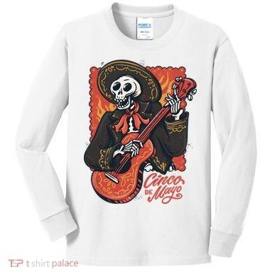 Cinco De Mayo Skeleton Guitar Kids Long Sleeve Shirt