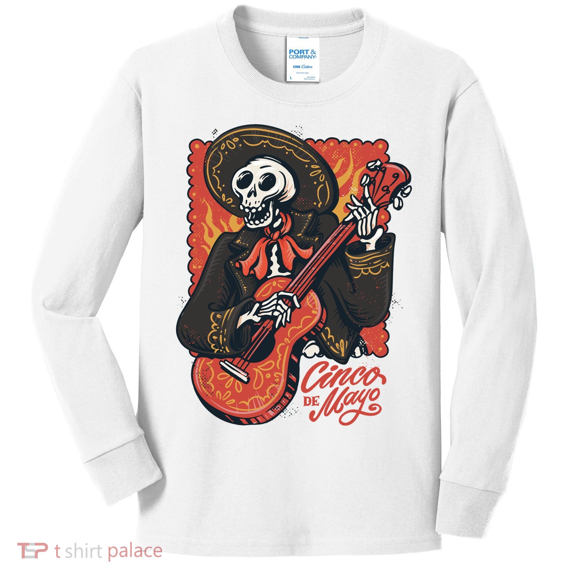 Cinco De Mayo Skeleton Guitar Kids Long Sleeve Shirt