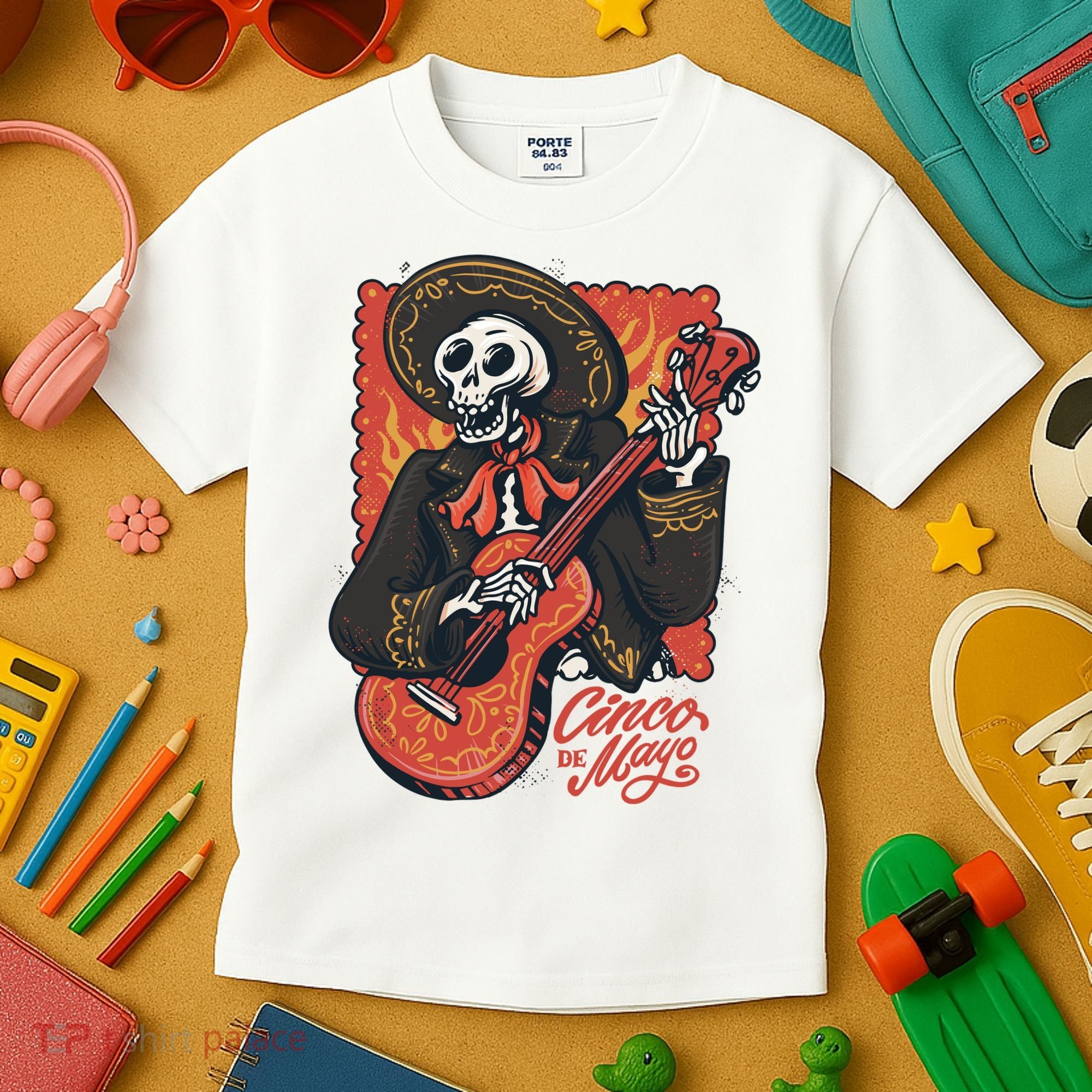 Cinco De Mayo Skeleton Guitar Kids T-Shirt