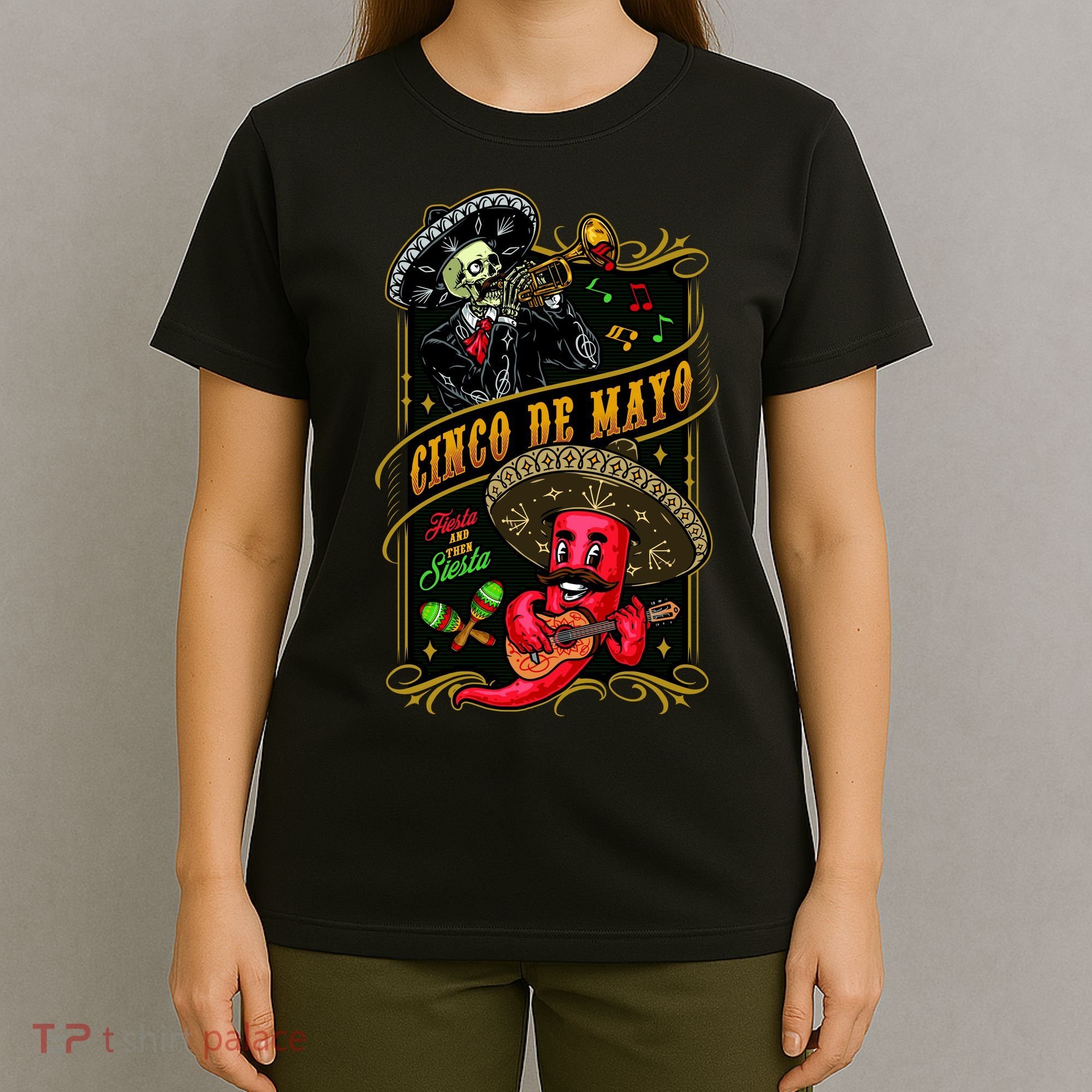 Cinco De Mayo Fiesta And Then Siesta Skeleton Pepper Music T-Shirt