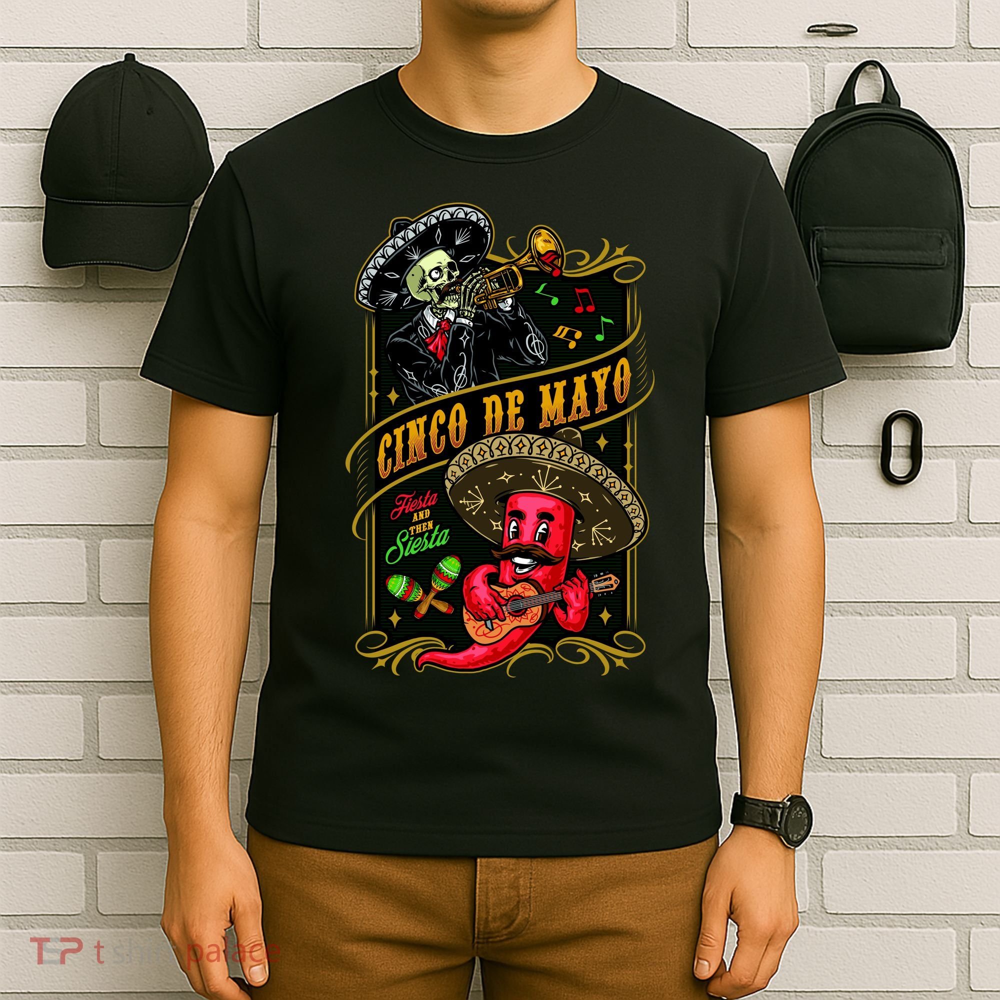 Cinco De Mayo Fiesta And Then Siesta Skeleton Pepper Music T-Shirt