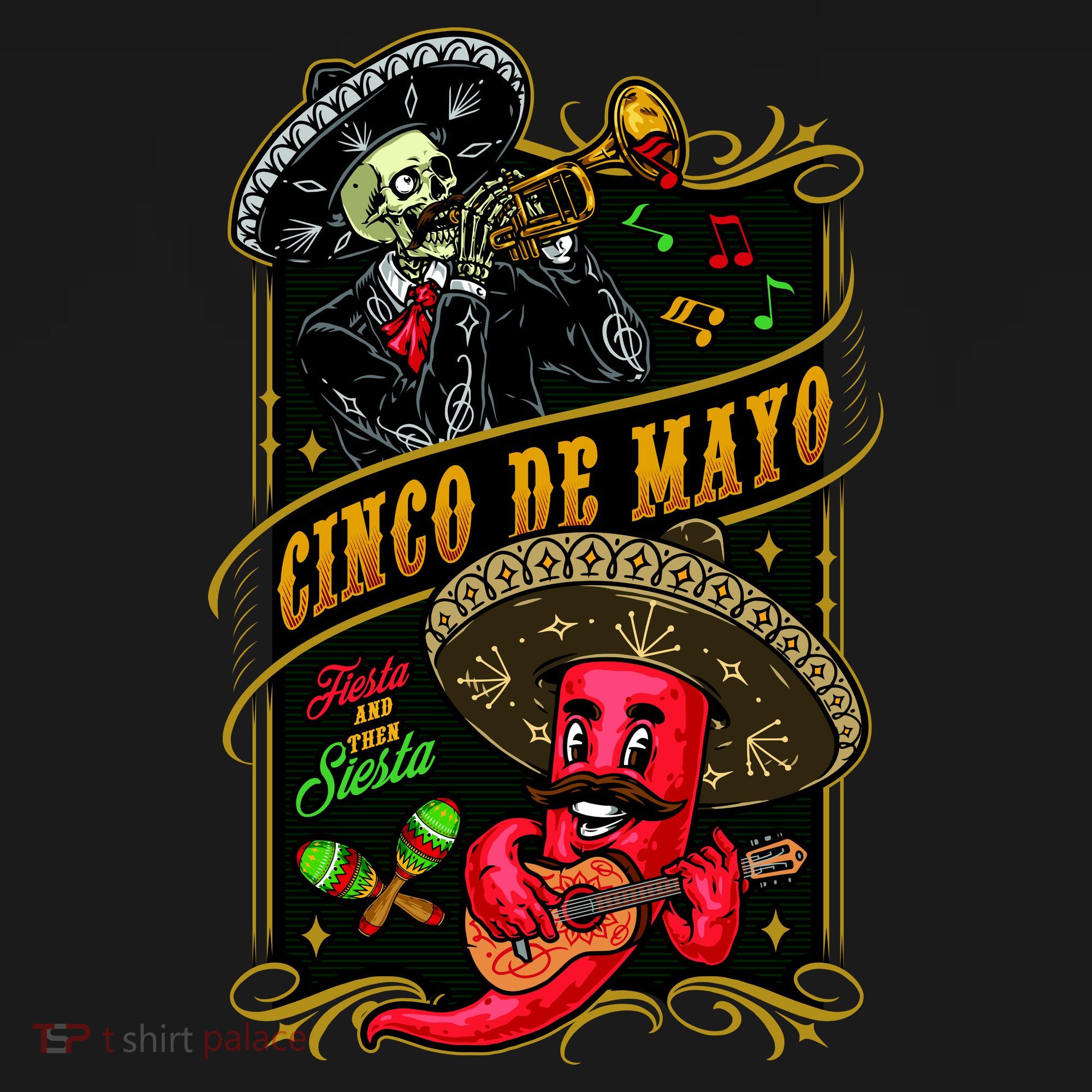 Cinco De Mayo Fiesta And Then Siesta Skeleton Pepper Music T-Shirt