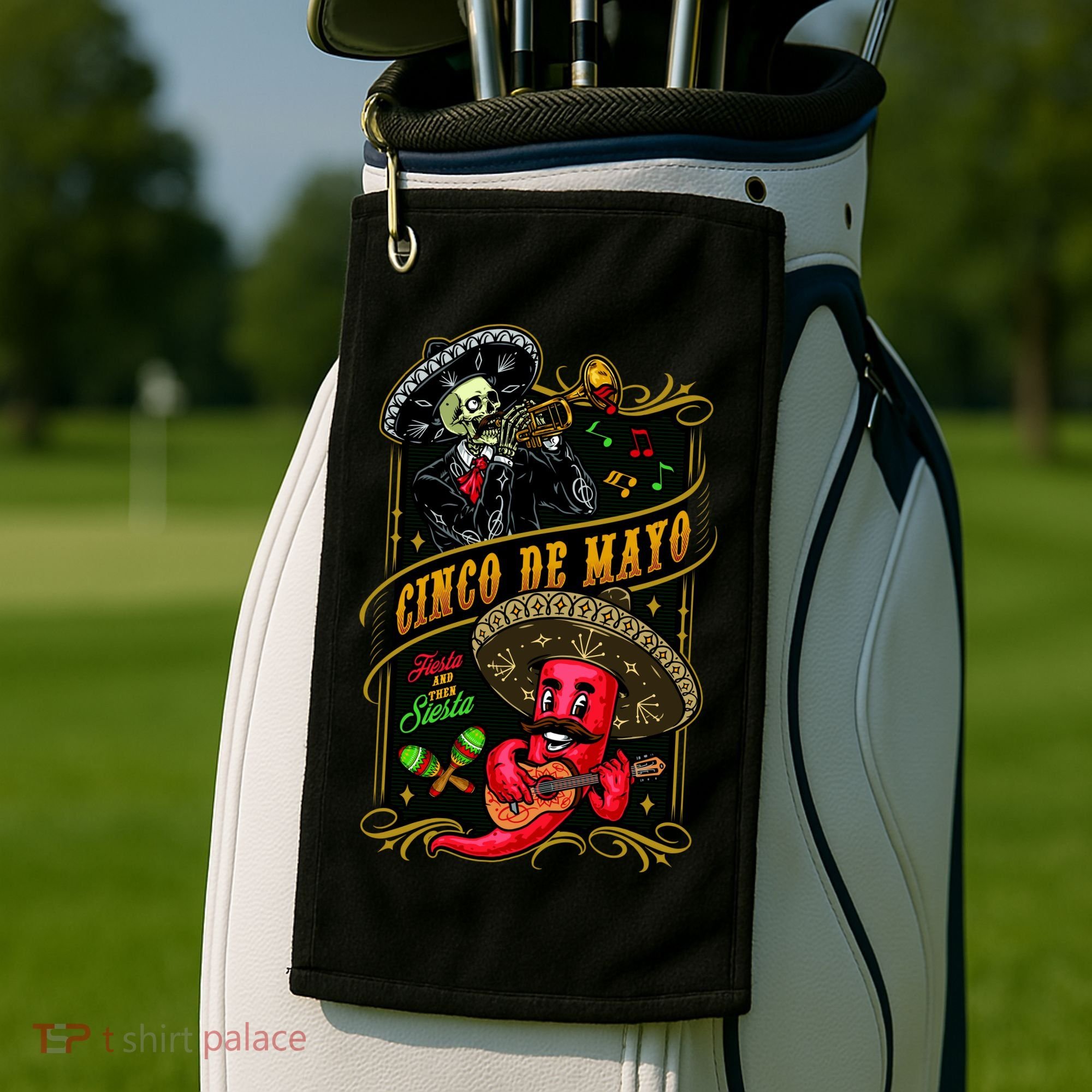 Cinco De Mayo Fiesta And Then Siesta Skeleton Pepper Music Golf Towel