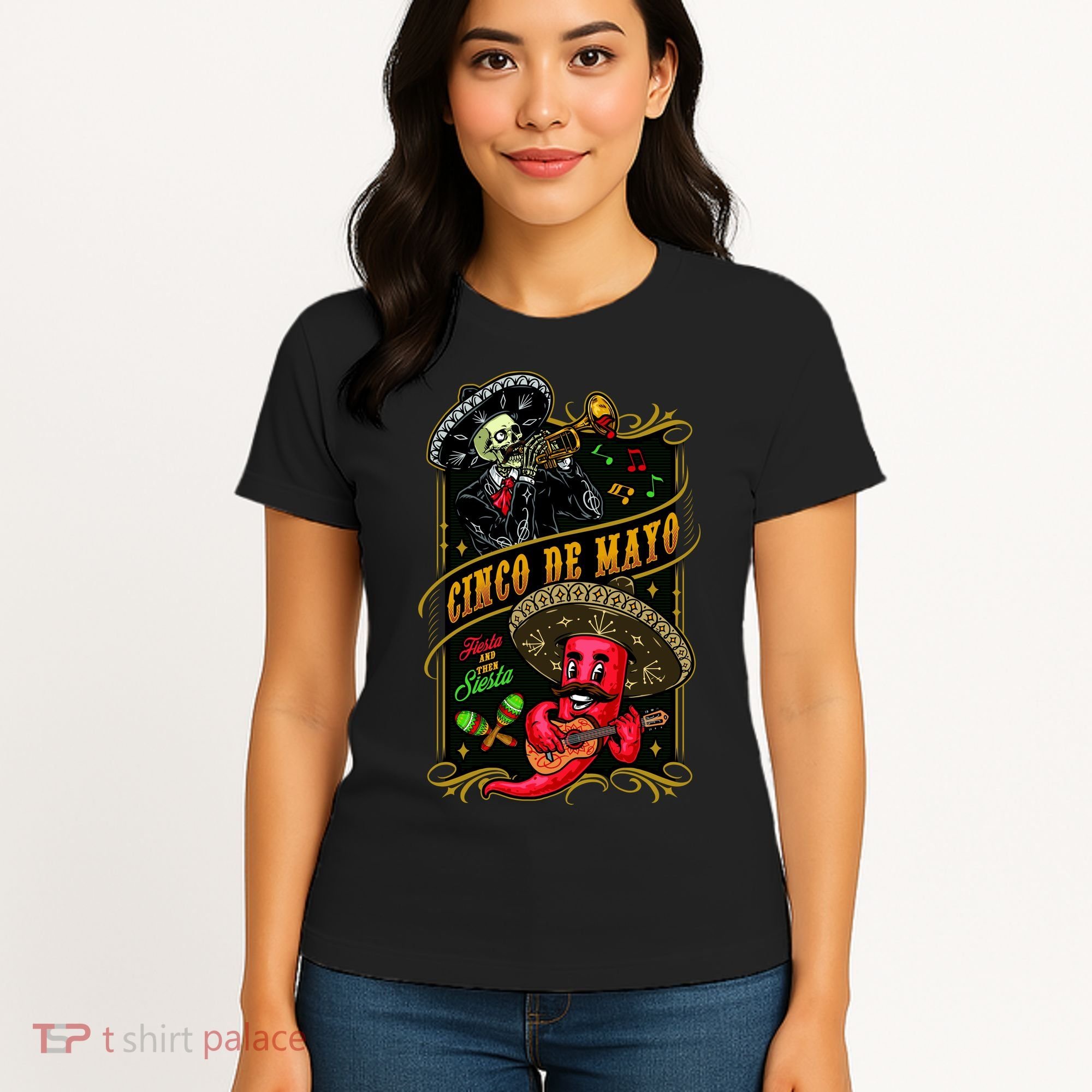 Cinco De Mayo Fiesta And Then Siesta Skeleton Pepper Music Women's T-Shirt