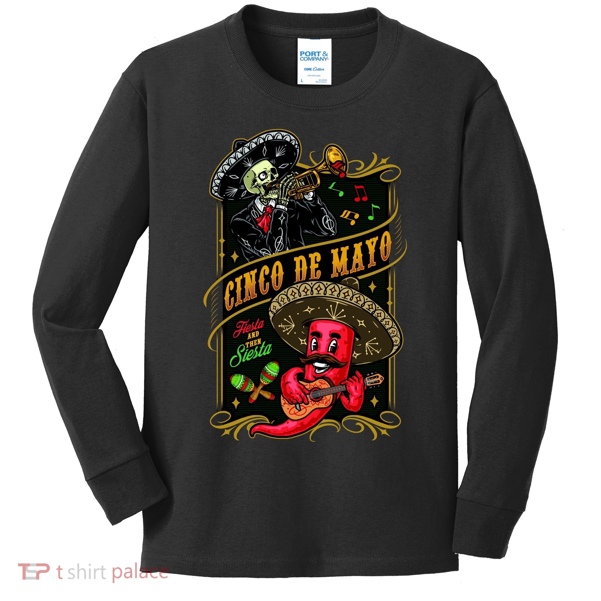 Cinco De Mayo Fiesta And Then Siesta Skeleton Pepper Music Kids Long Sleeve Shirt