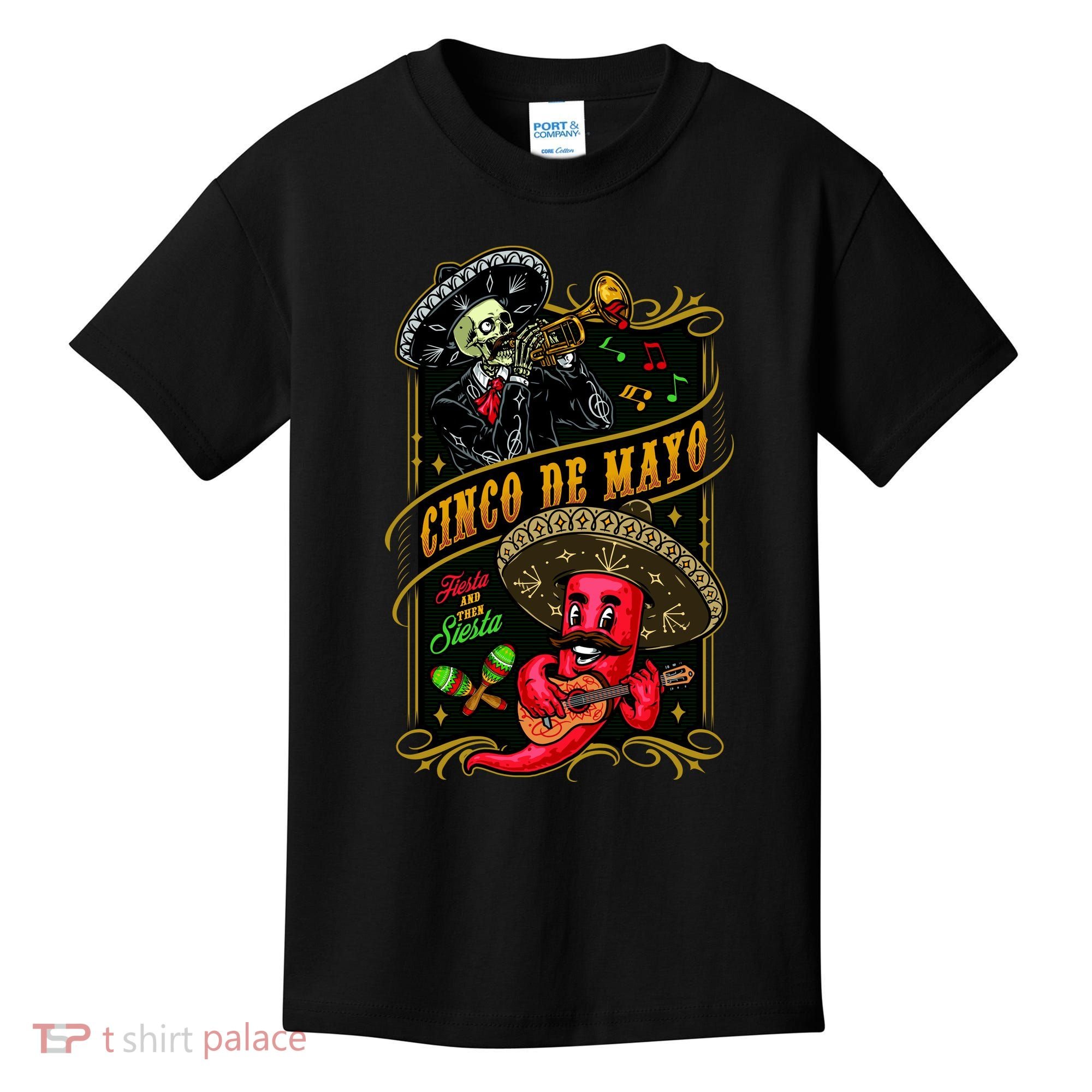Cinco De Mayo Fiesta And Then Siesta Skeleton Pepper Music Kids T-Shirt