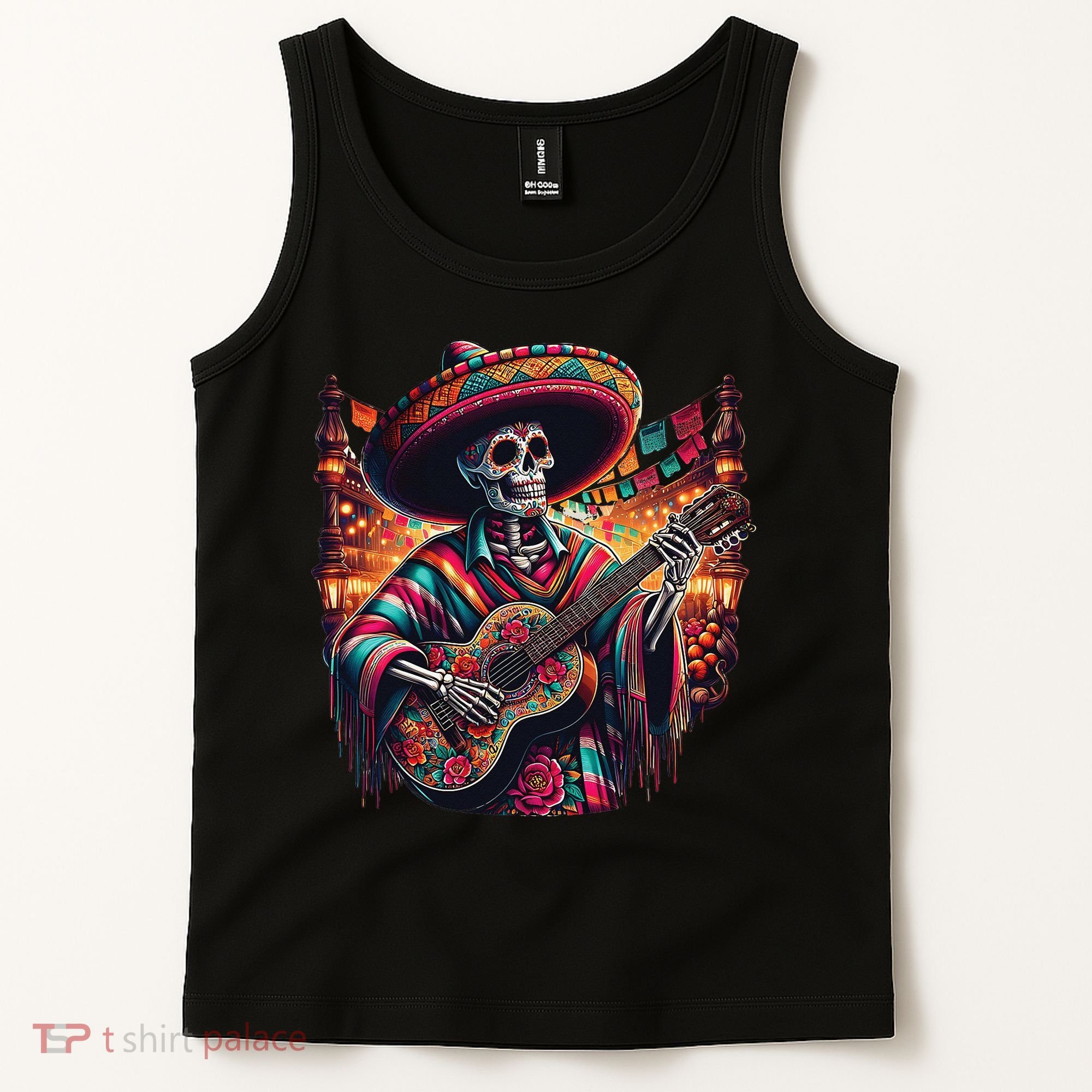 Cinco De Mayo Skeleton Sugar Skull Fiesta Sombreros Guitar Tank Top