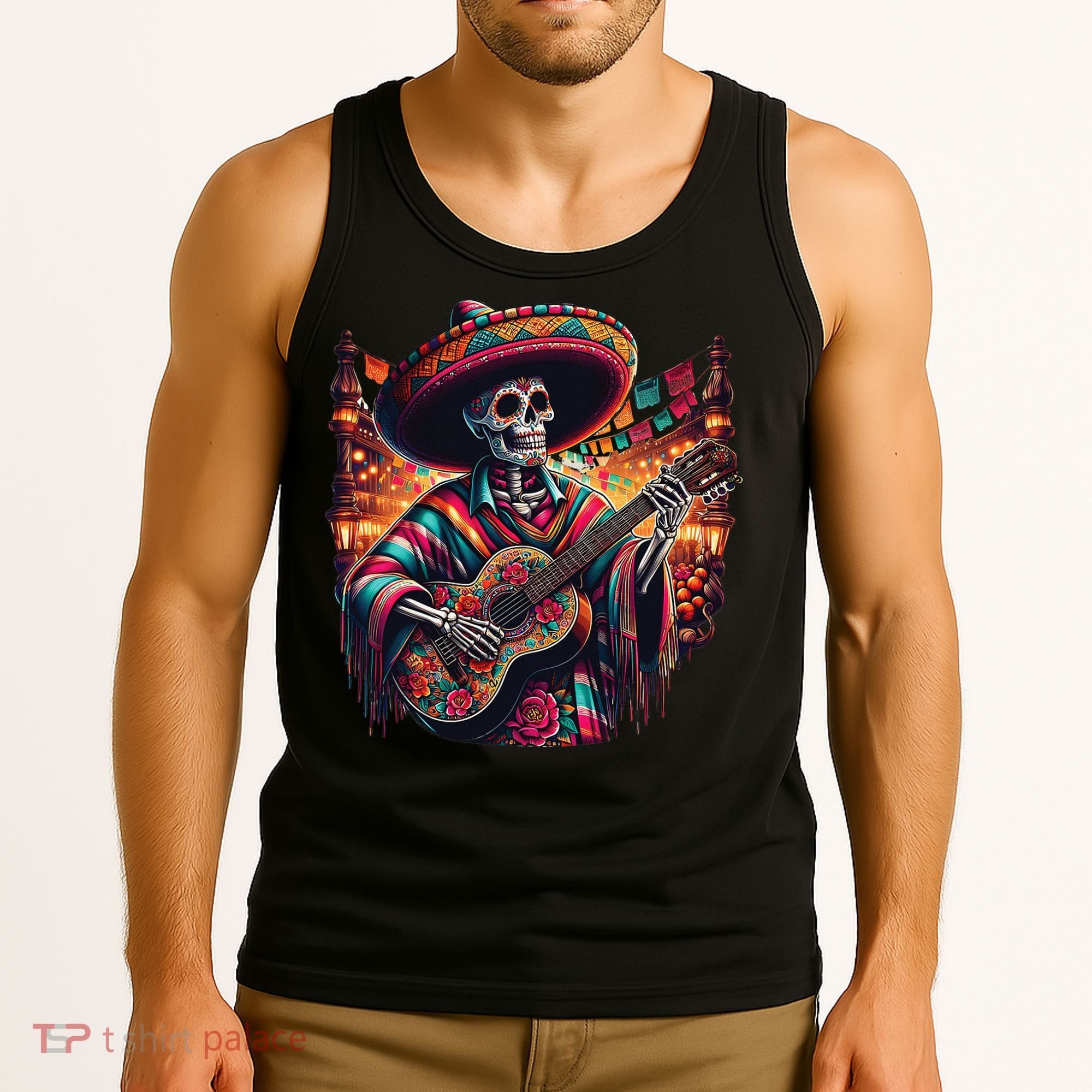 Cinco De Mayo Skeleton Sugar Skull Fiesta Sombreros Guitar Tank Top