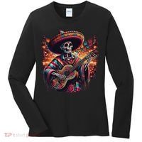 Cinco De Mayo Skeleton Sugar Skull Fiesta Sombreros Guitar Women's Long Sleeve Shirt thumb 0