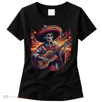 Cinco De Mayo Skeleton Sugar Skull Fiesta Sombreros Guitar Women's T-Shirt