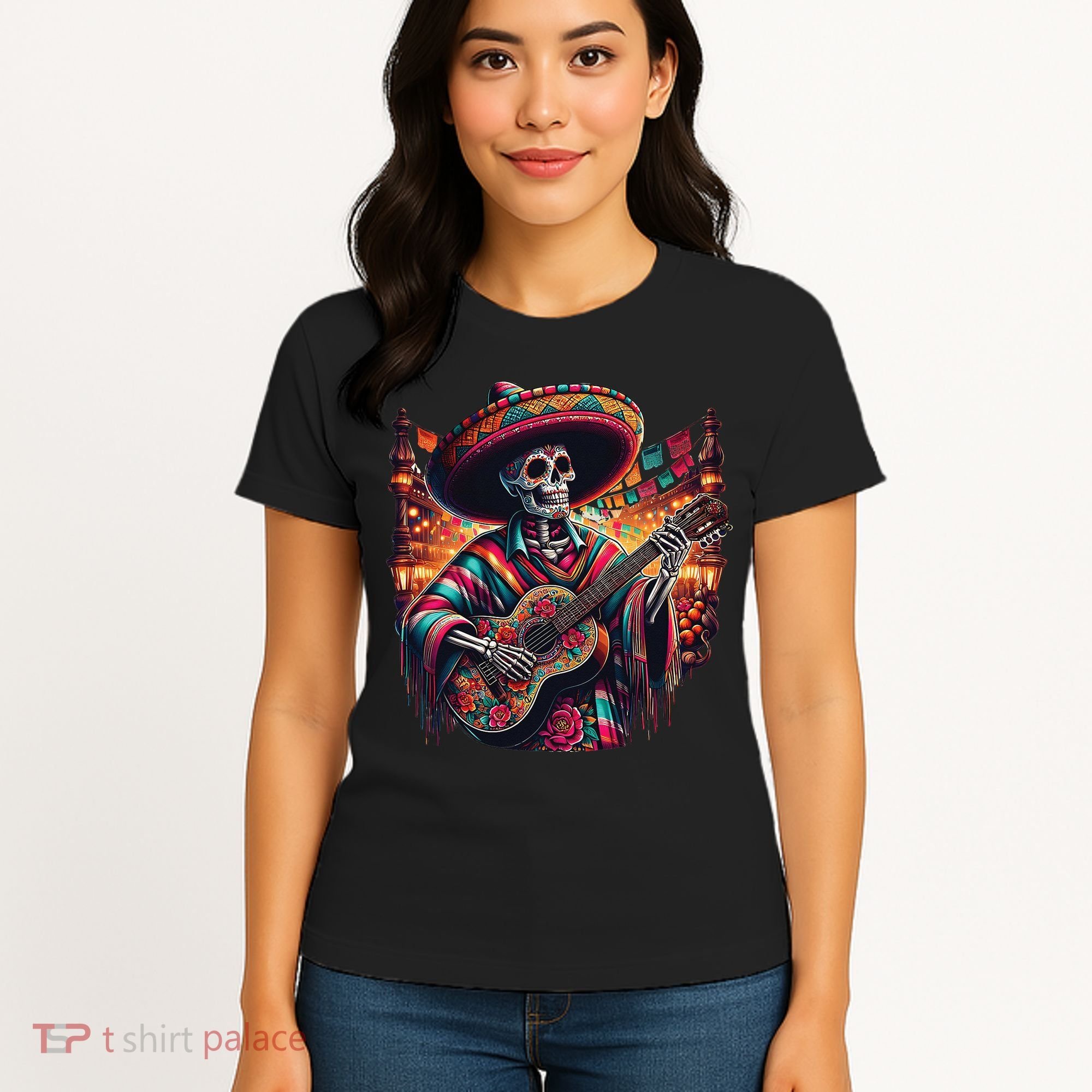 Cinco De Mayo Skeleton Sugar Skull Fiesta Sombreros Guitar Women's T-Shirt