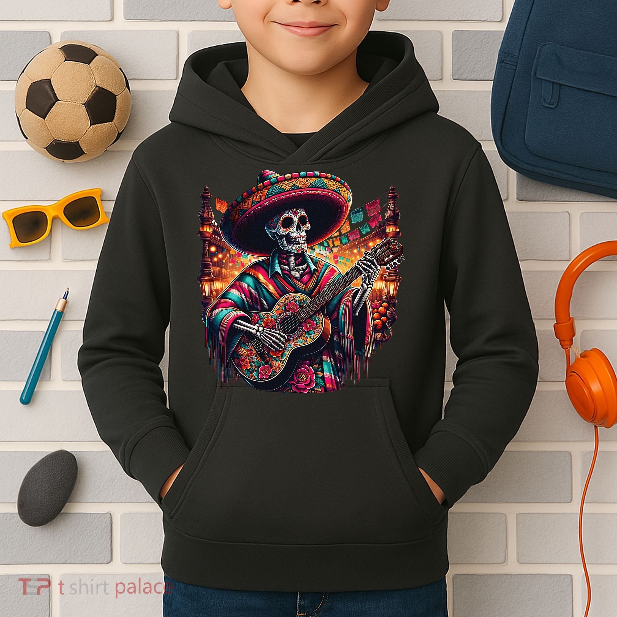Cinco De Mayo Skeleton Sugar Skull Fiesta Sombreros Guitar Kids Hoodie