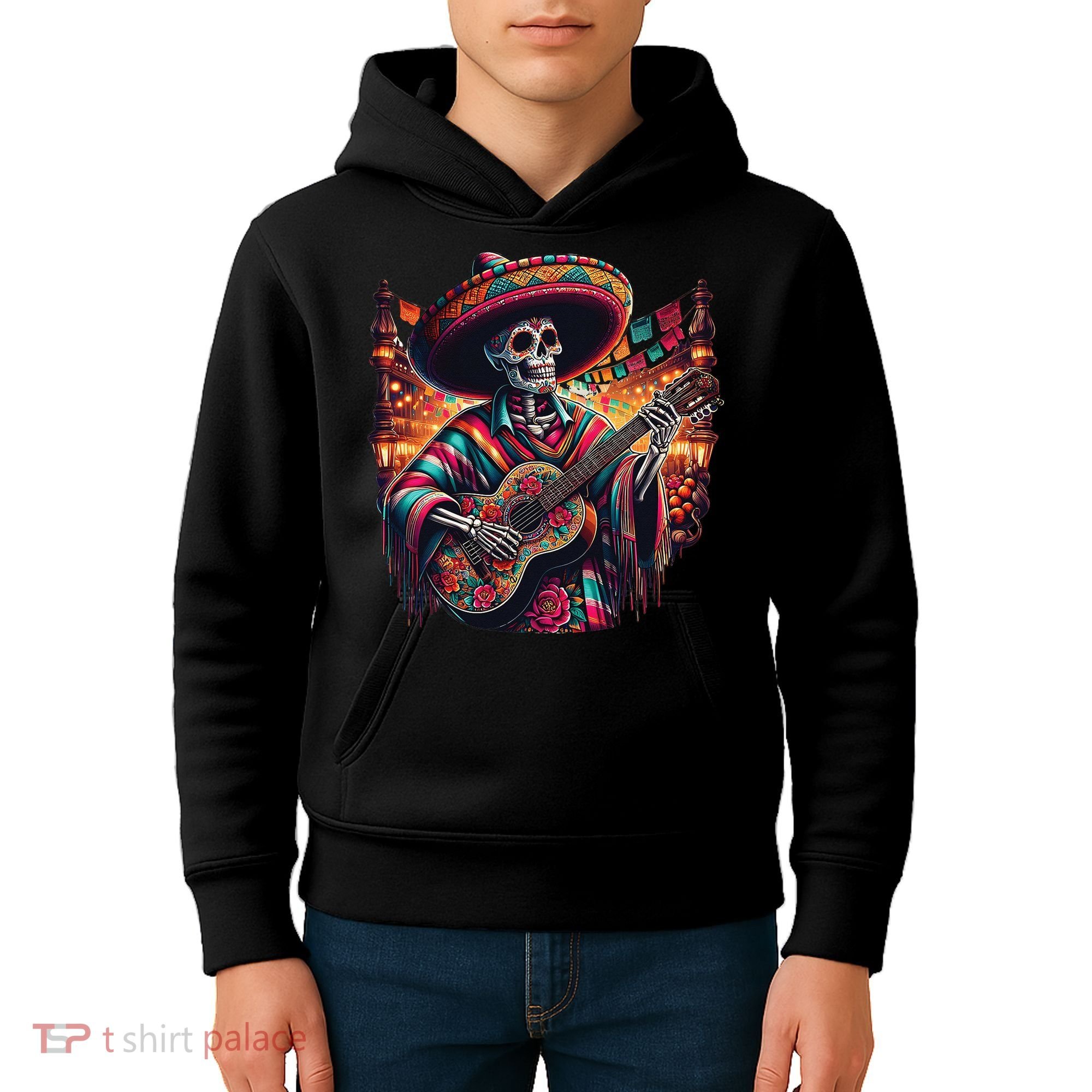 Cinco De Mayo Skeleton Sugar Skull Fiesta Sombreros Guitar Kids Hoodie