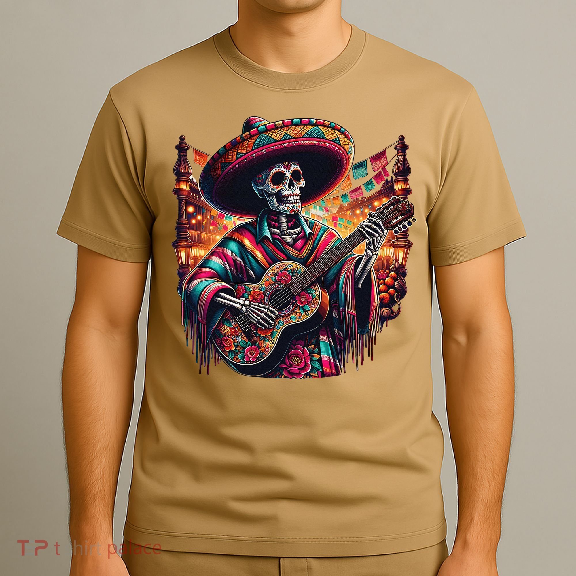 Cinco De Mayo Skeleton Sugar Skull Fiesta Sombreros Guitar T-Shirt