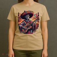 Cinco De Mayo Skeleton Sugar Skull Fiesta Sombreros Guitar T-Shirt thumb 4