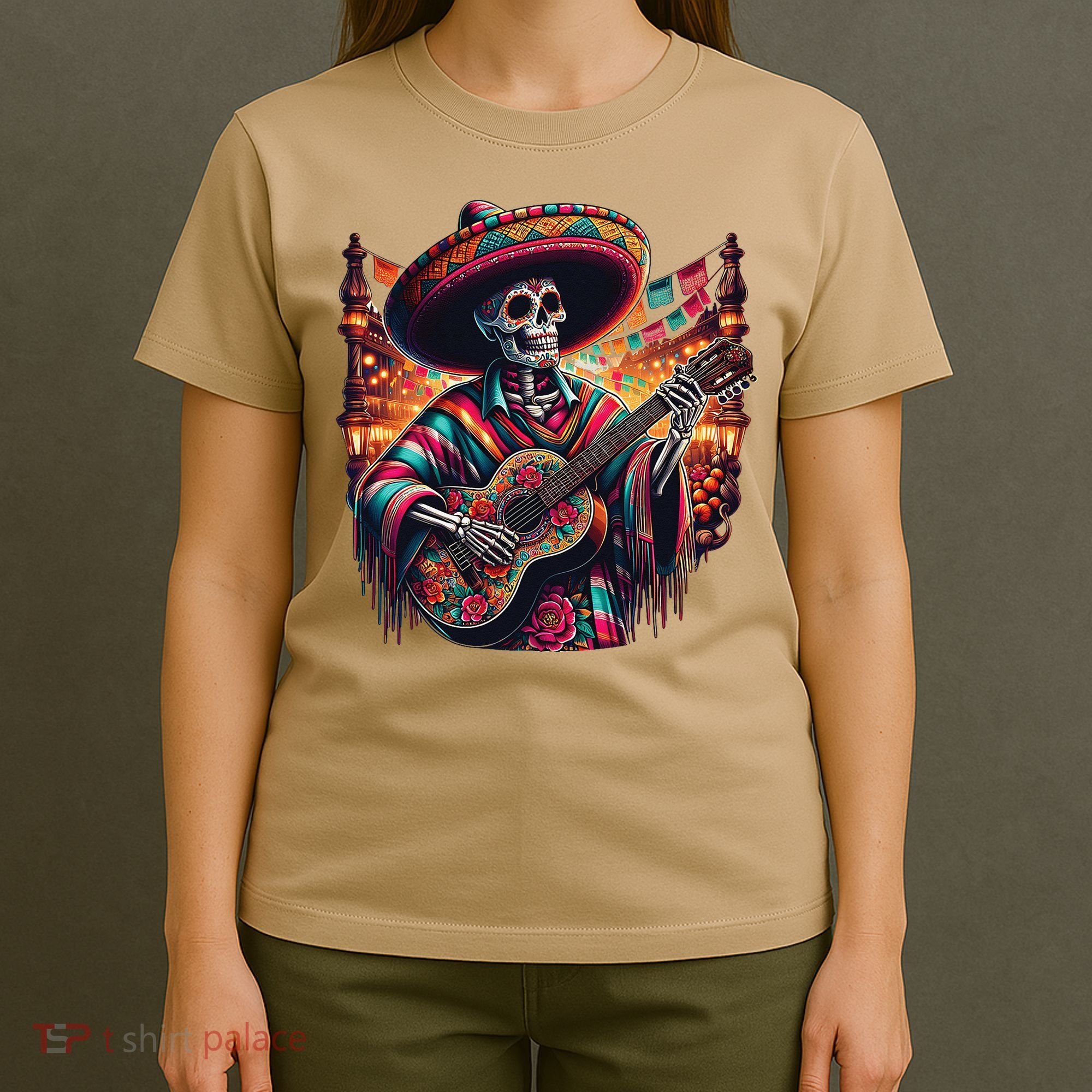 Cinco De Mayo Skeleton Sugar Skull Fiesta Sombreros Guitar T-Shirt
