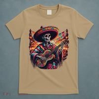 Cinco De Mayo Skeleton Sugar Skull Fiesta Sombreros Guitar T-Shirt thumb 5