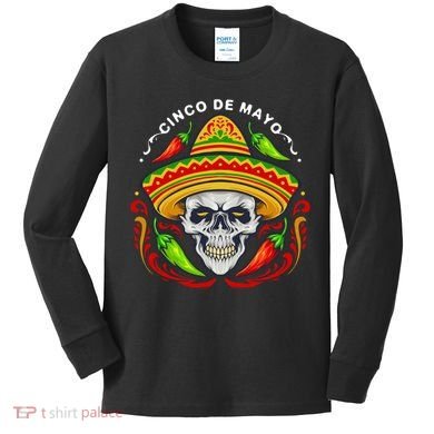 Cinco De Mayo Hot Chili Peppers Skull Kids Long Sleeve Shirt