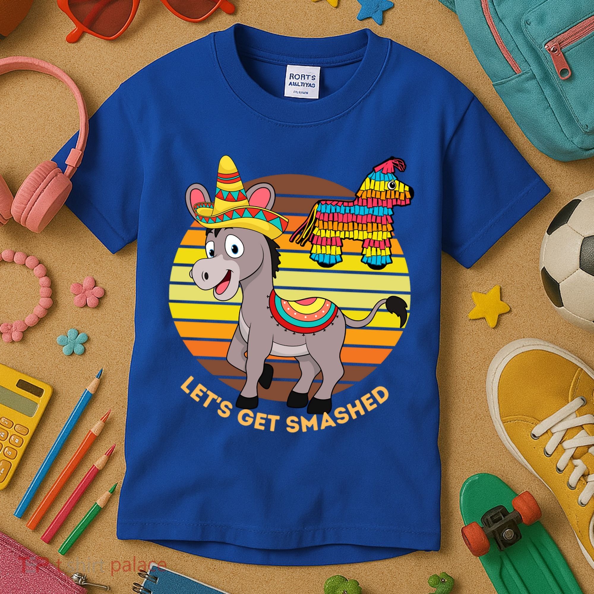 Cinco De Mayo Donkey Sombrero Wearing Burro Lets Get Smashed Gift Kids T-Shirt