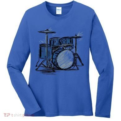 Cool Drummer Music Design Featuring A Sketch Of A Drum Kit Gift Women's Long Sleeve Shirt