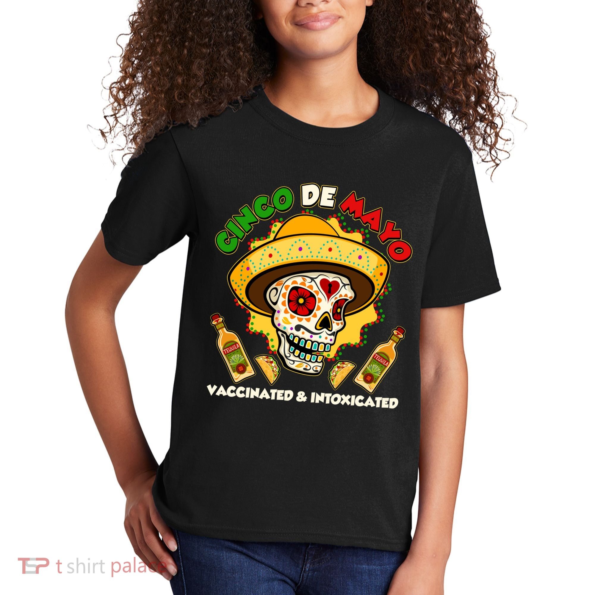 Cinco De Mayo Vaccinated And Intoxicated Sugar Skull Kids T-Shirt