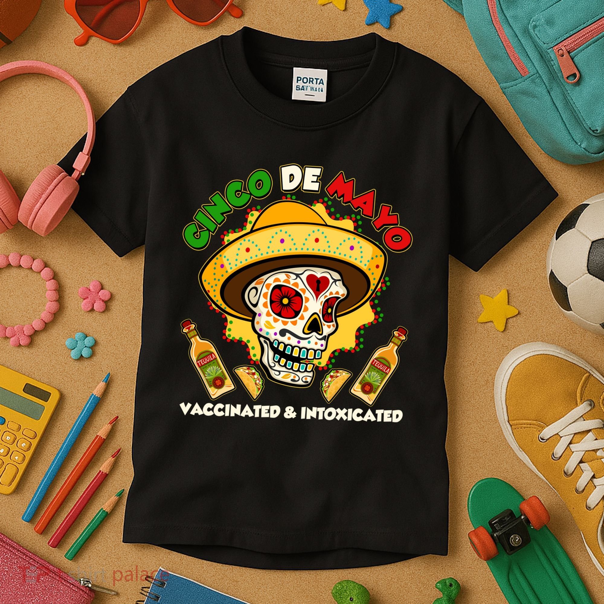 Cinco De Mayo Vaccinated And Intoxicated Sugar Skull Kids T-Shirt