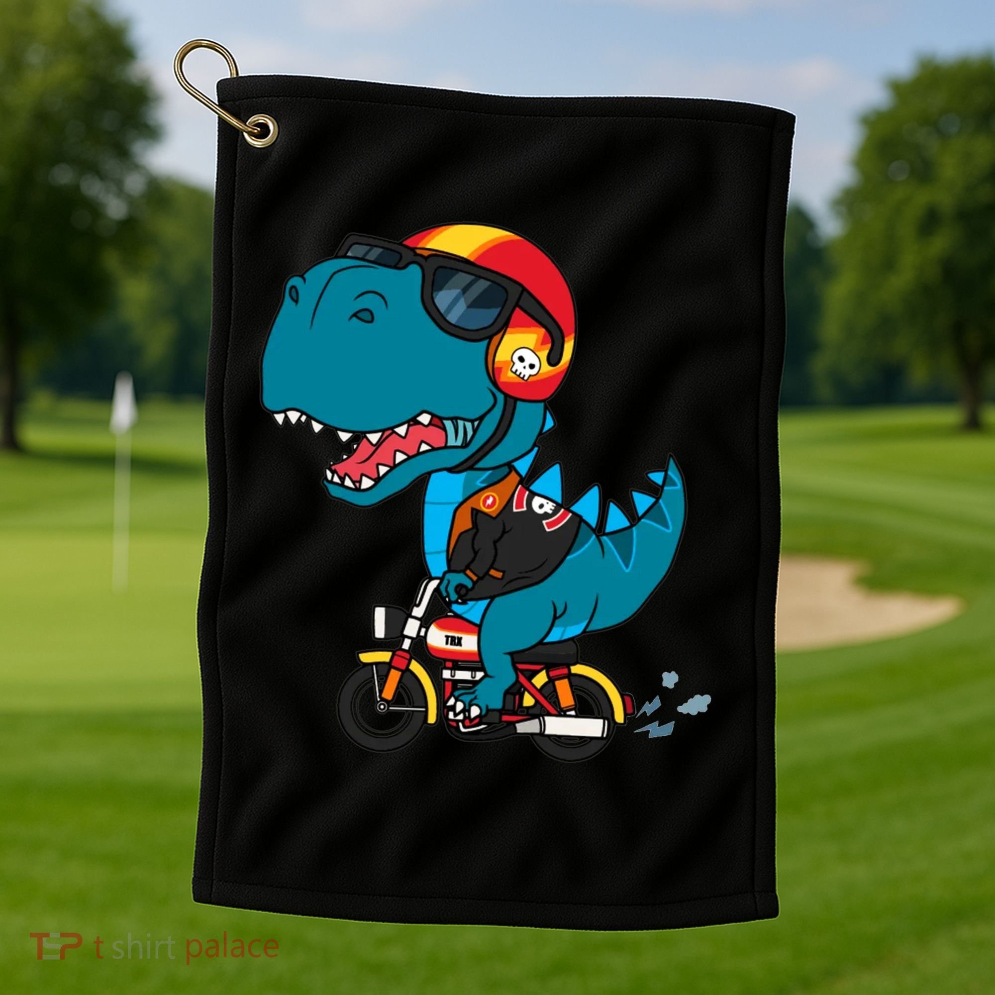 Cool Dinosaur Riding A Motorcycle Golf Towel
