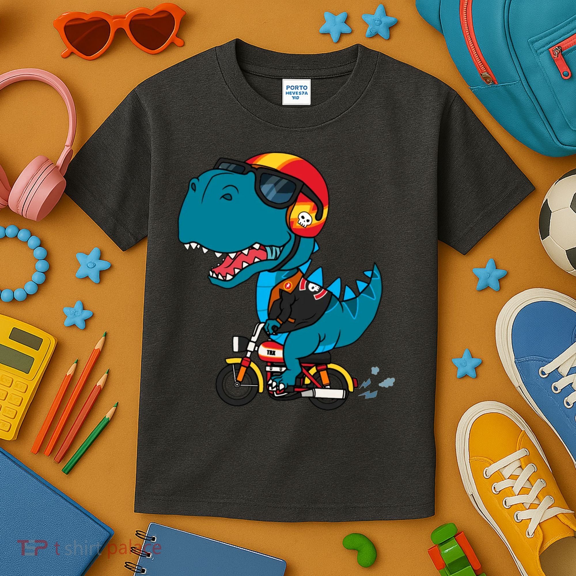 Cool Dinosaur Riding A Motorcycle Kids T-Shirt