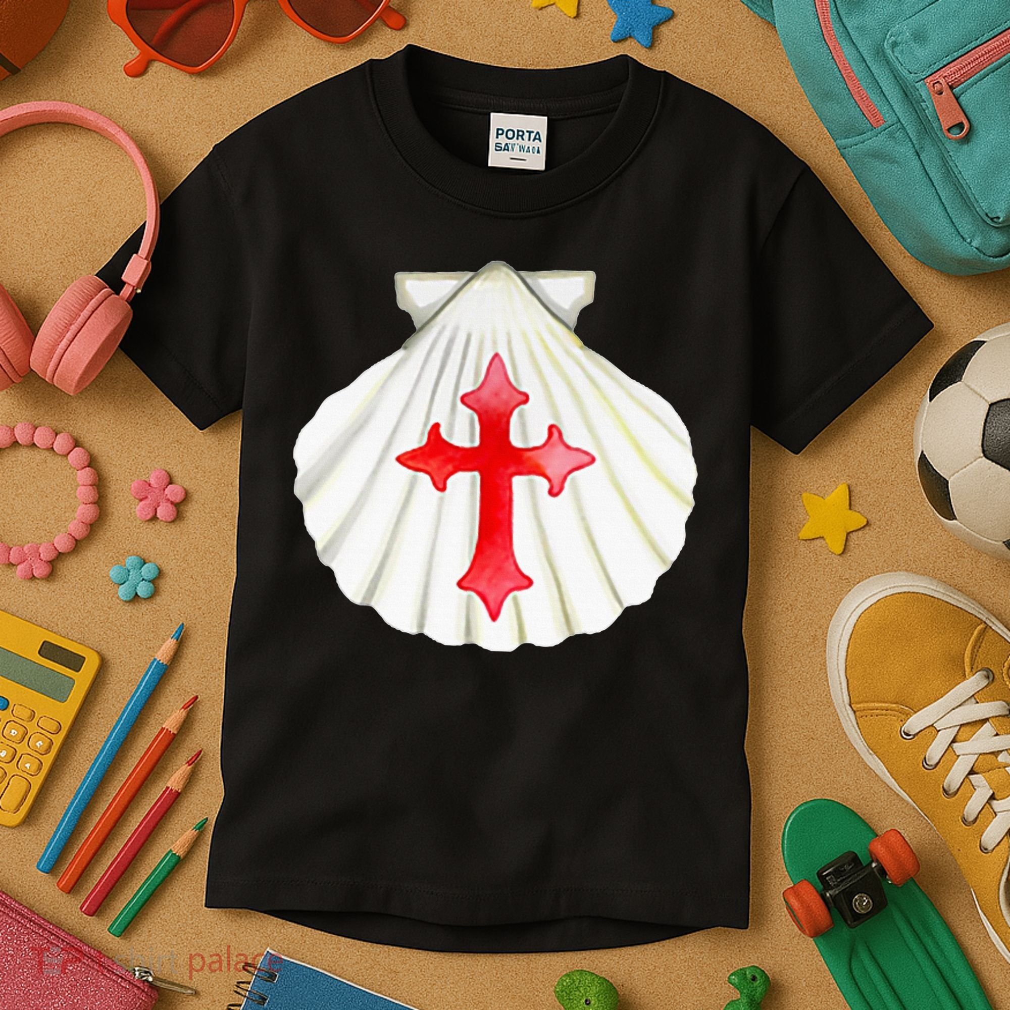 Camino De Santiago Pilgrim Cross Shell Kids T-Shirt
