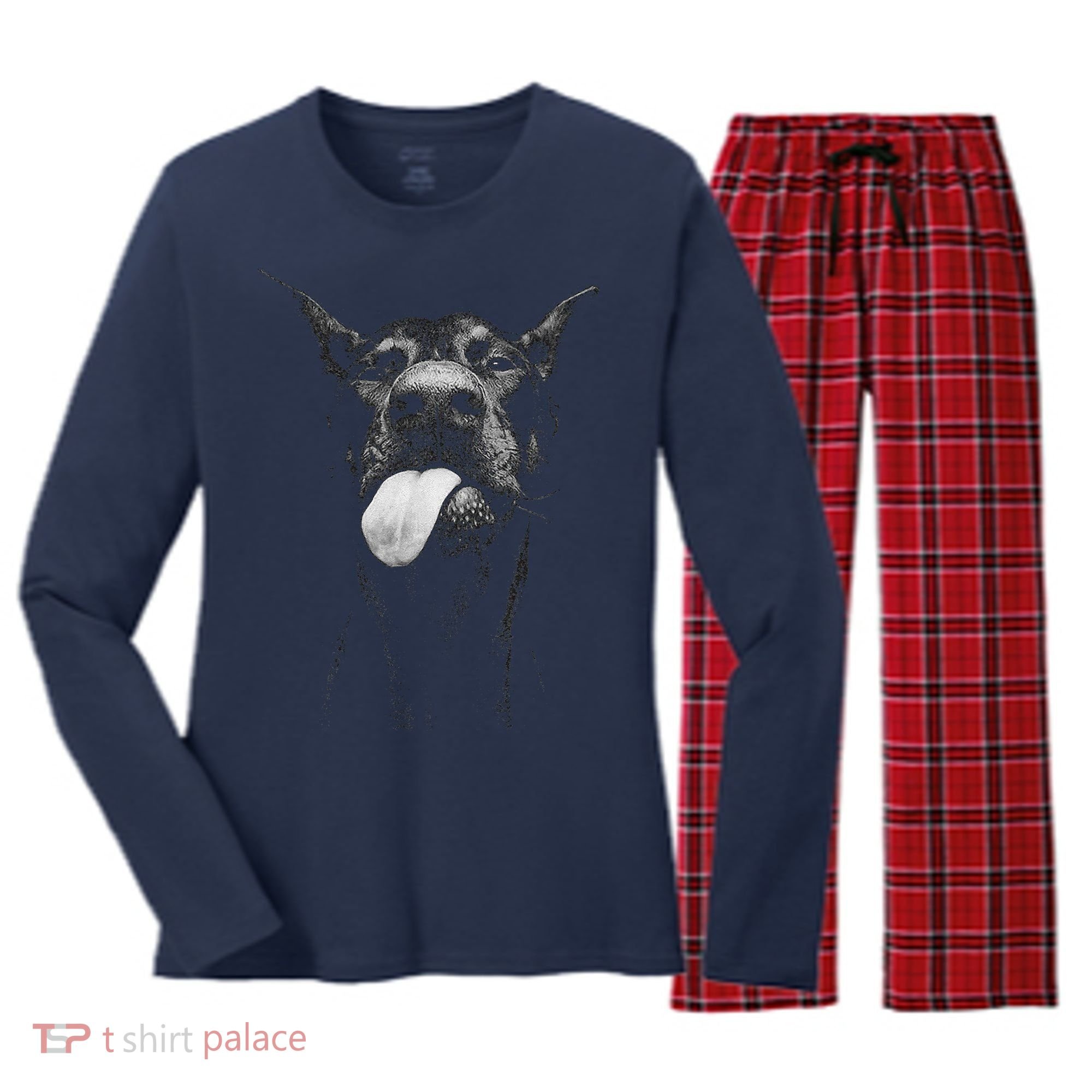 Cool Doberman Sticking Tongue Out In Playful Defiance Women's Long Sleeve Flannel Pajama Set 