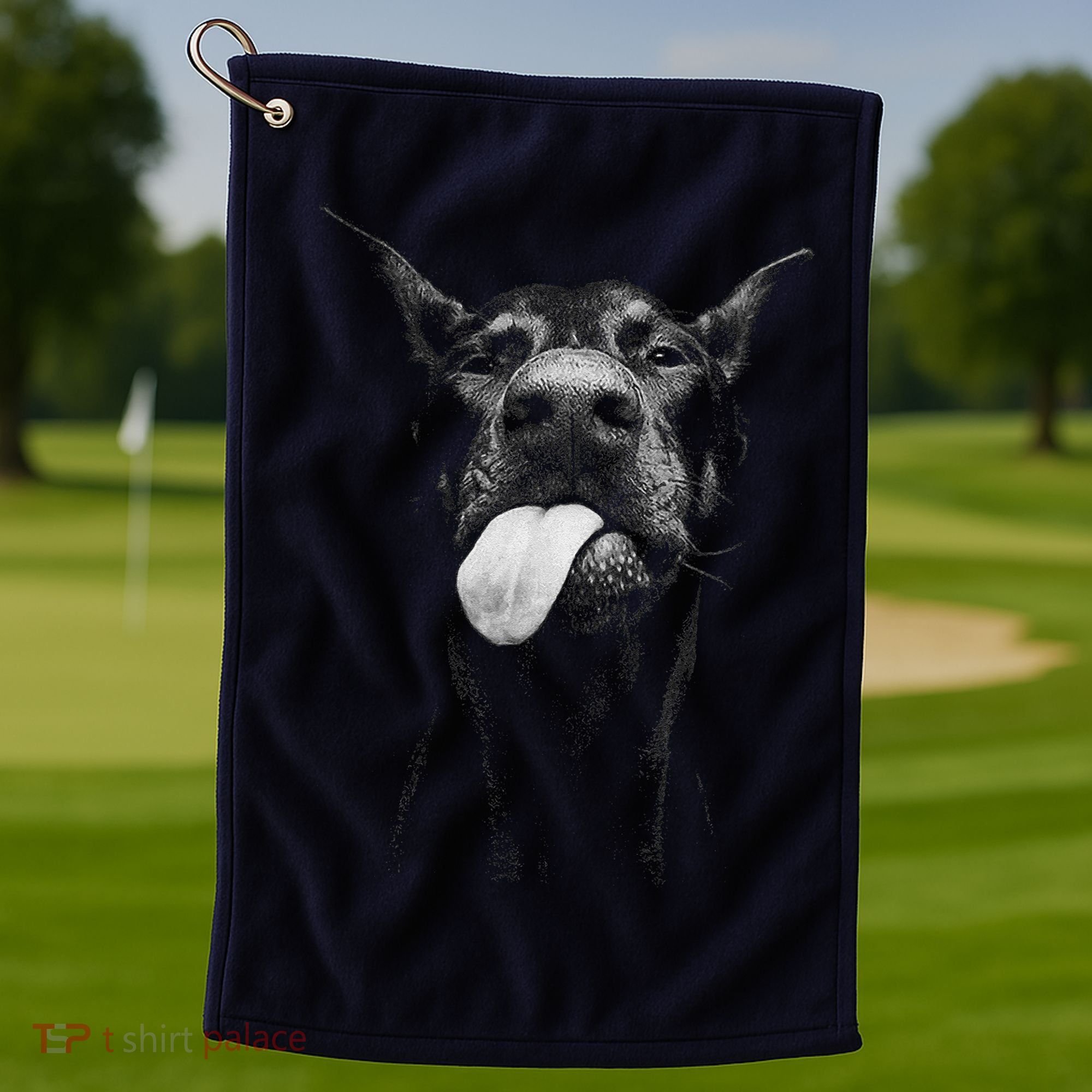 Cool Doberman Sticking Tongue Out In Playful Defiance Golf Towel