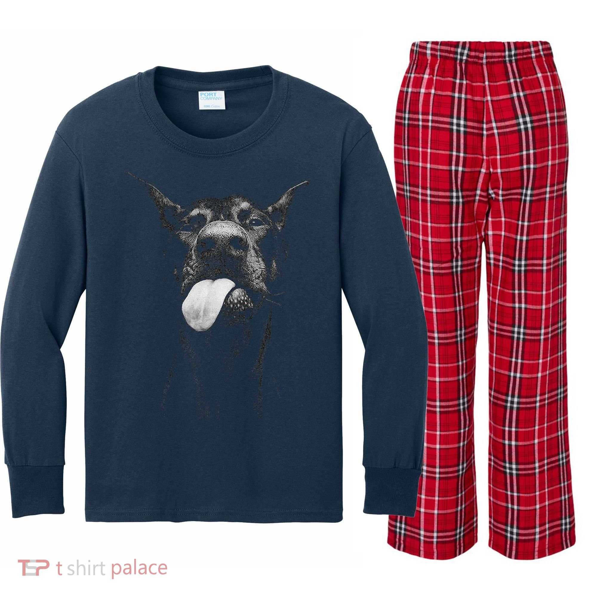 Cool Doberman Sticking Tongue Out In Playful Defiance Kids Long Sleeve Plaid Pajama Set