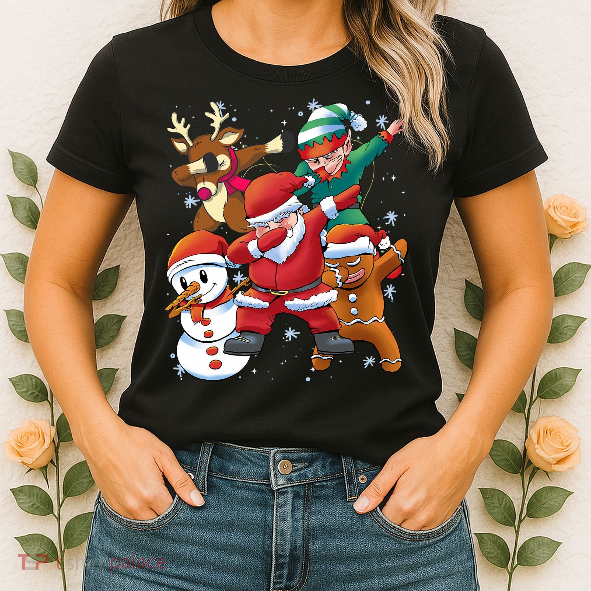 Christmas Dabbing Santa Elf Deer Gingerbread Man & Snowman Women's T-Shirt