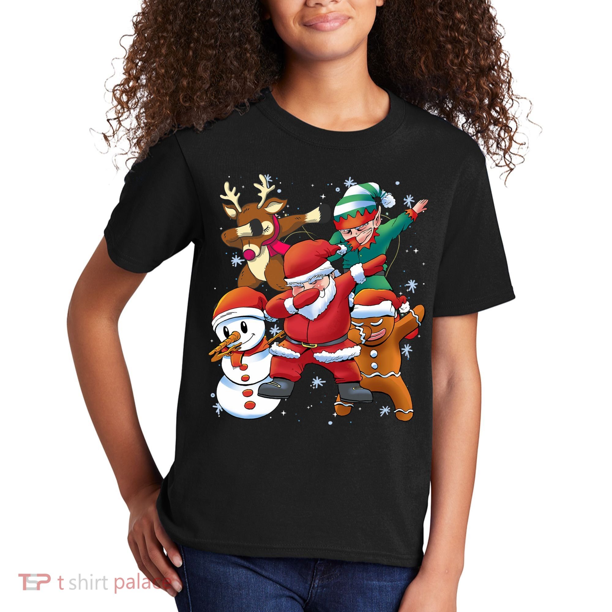 Christmas Dabbing Santa Elf Deer Gingerbread Man & Snowman Kids T-Shirt