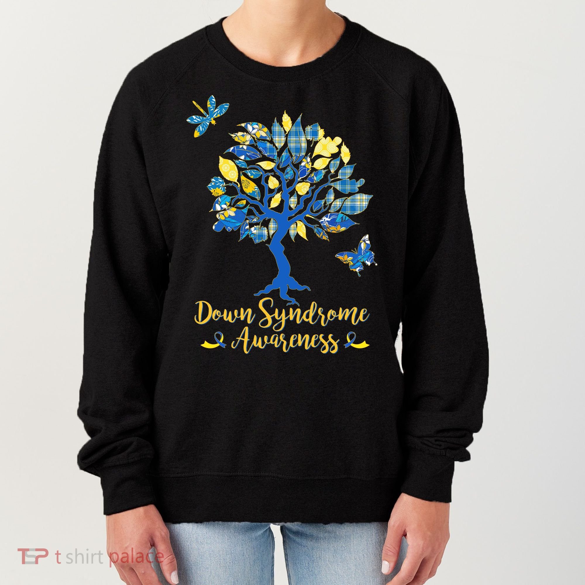 Cute Down Syndrome Awareness Blue Yellow Tree Women's Sweatshirt