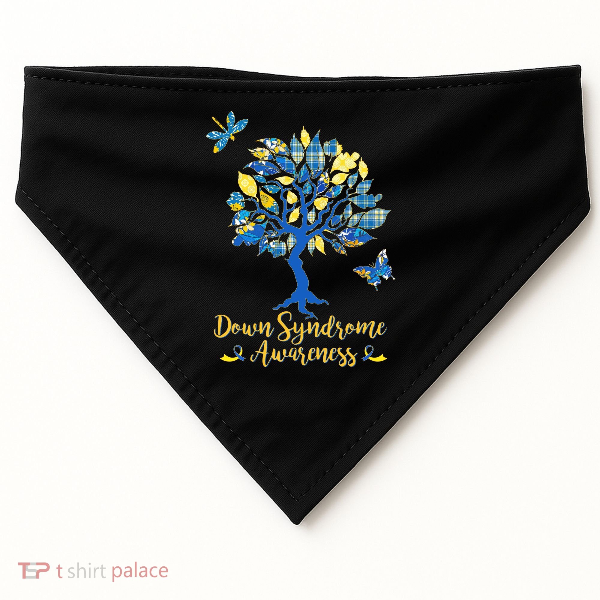 Cute Down Syndrome Awareness Blue Yellow Tree USA-Made Doggie Bandana