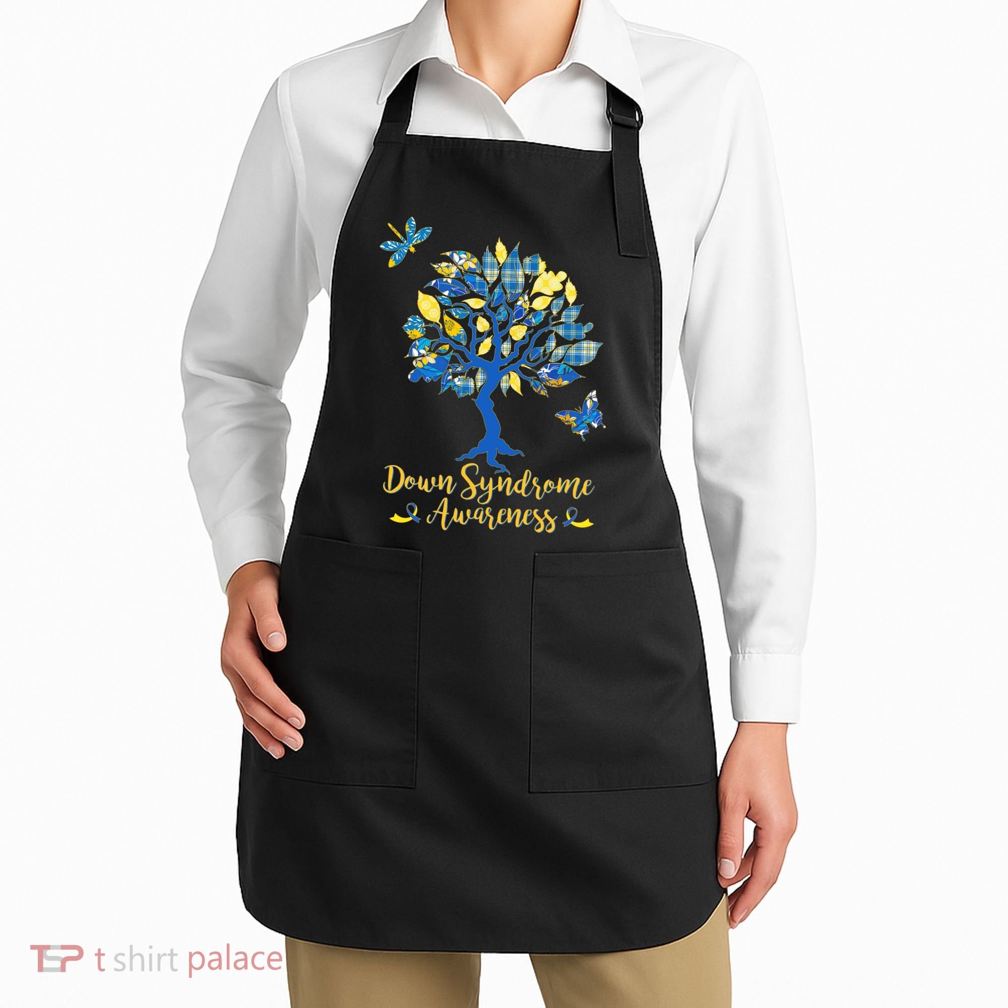 Cute Down Syndrome Awareness Blue Yellow Tree Apron