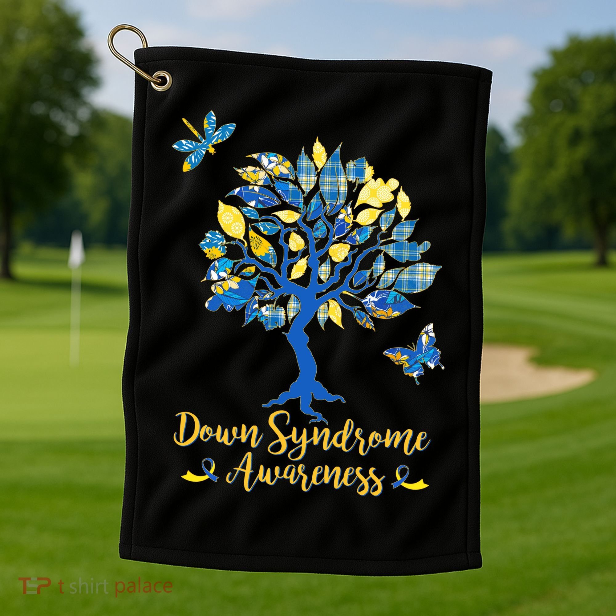 Cute Down Syndrome Awareness Blue Yellow Tree Golf Towel