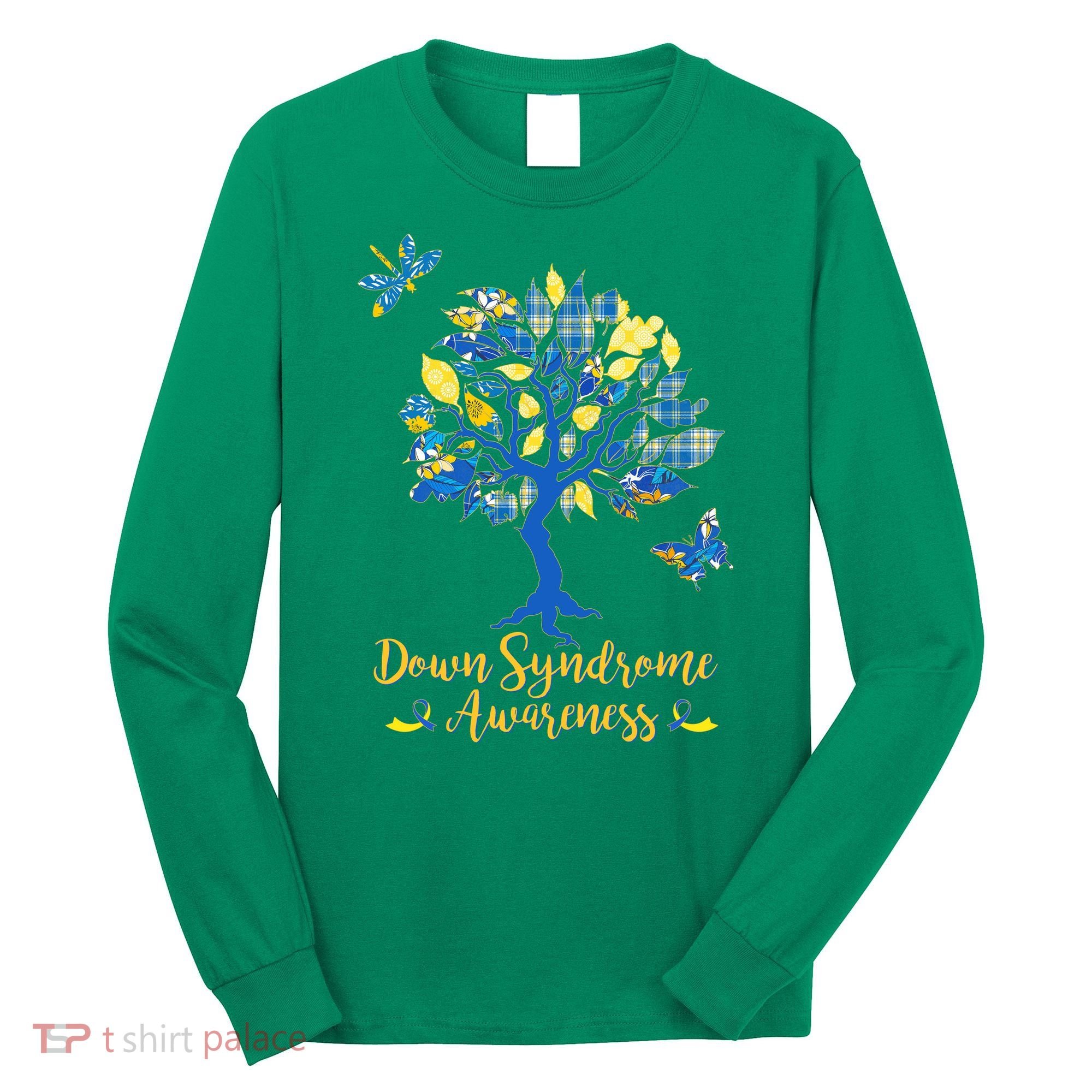 Cute Down Syndrome Awareness Blue Yellow Tree Long Sleeve Shirt