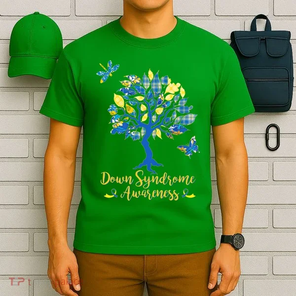 Cute Down Syndrome Awareness Blue Yellow Tree T-Shirt