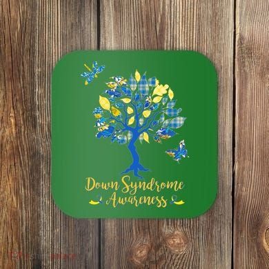 Cute Down Syndrome Awareness Blue Yellow Tree Coaster