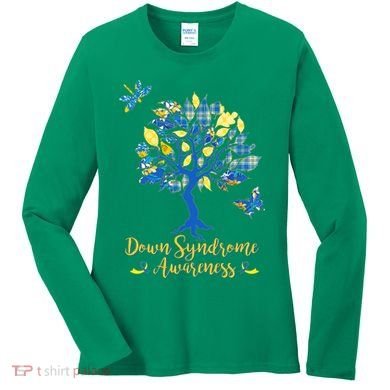 Cute Down Syndrome Awareness Blue Yellow Tree Women's Long Sleeve Shirt