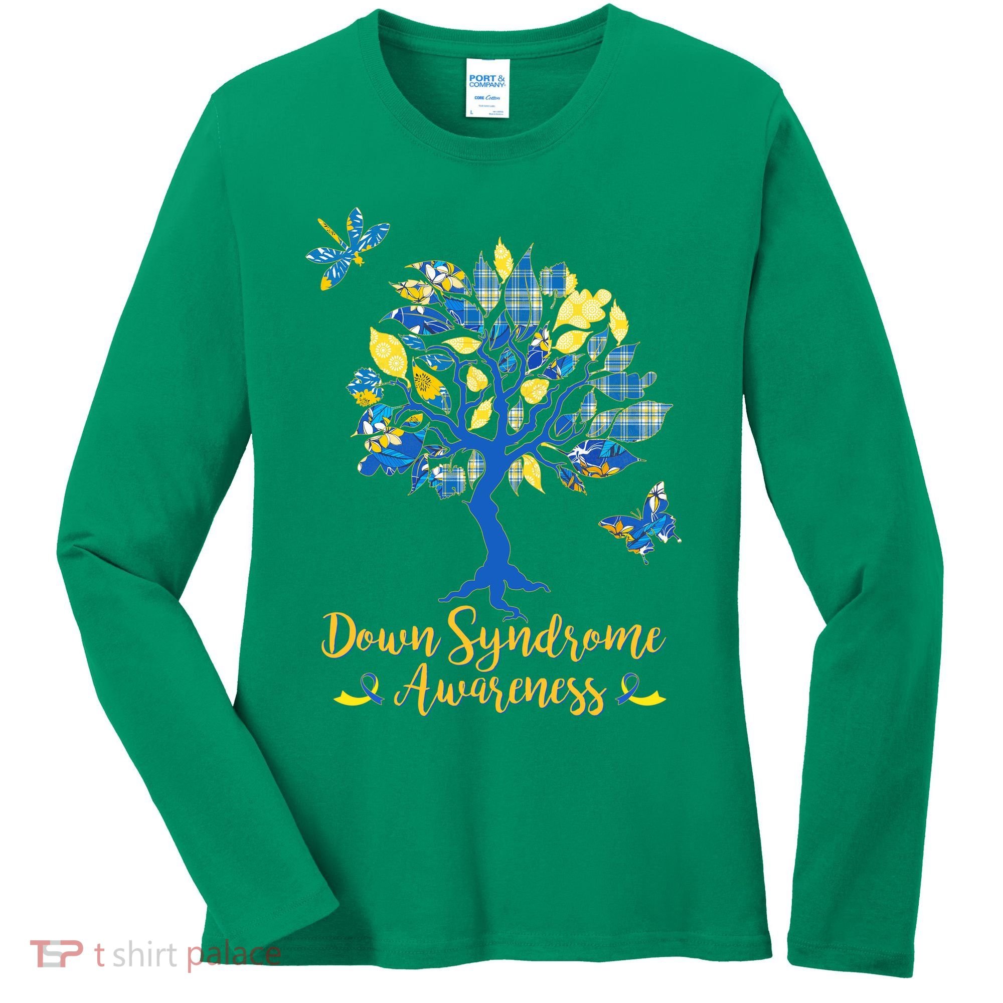 Cute Down Syndrome Awareness Blue Yellow Tree Women's Long Sleeve Shirt