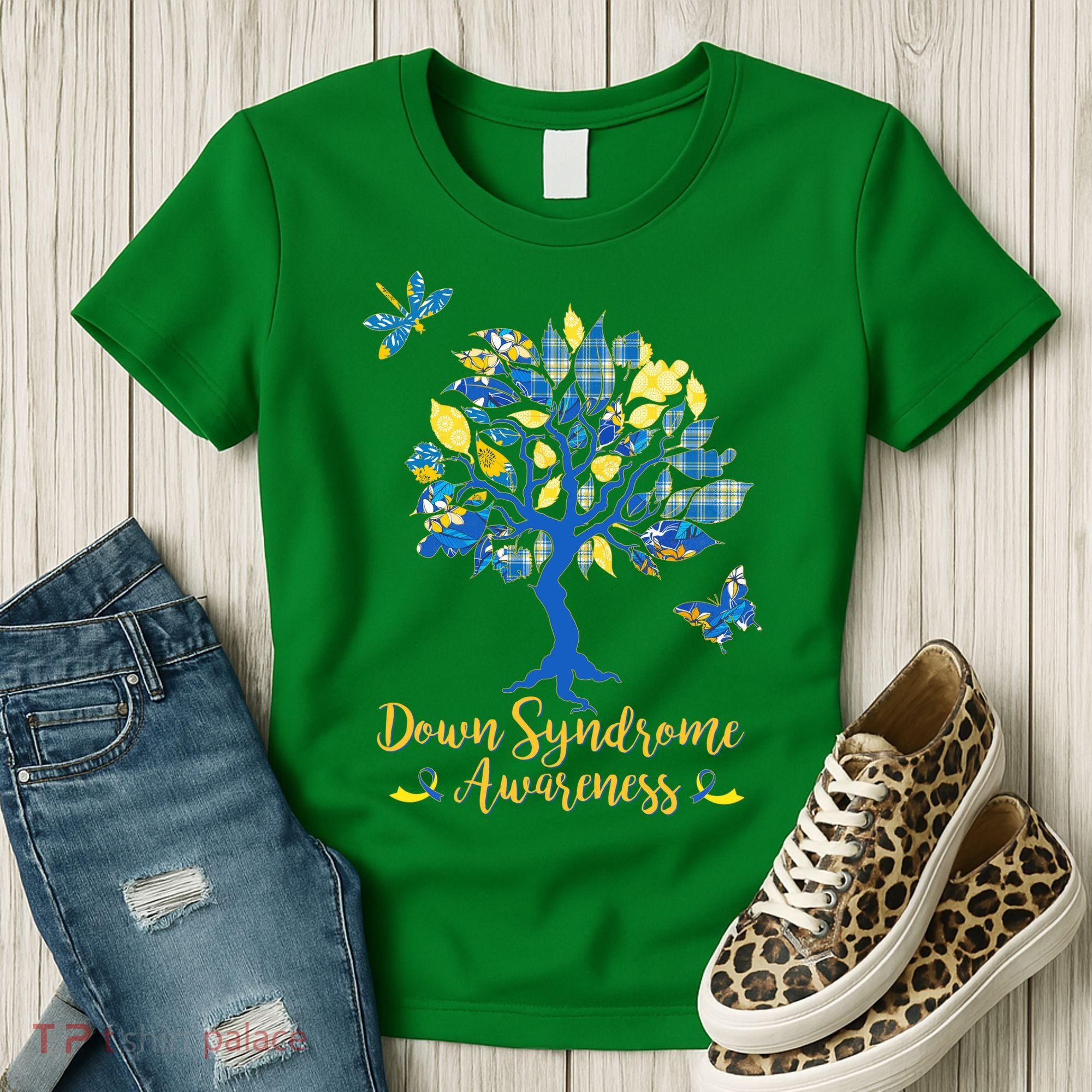 Cute Down Syndrome Awareness Blue Yellow Tree Women's T-Shirt