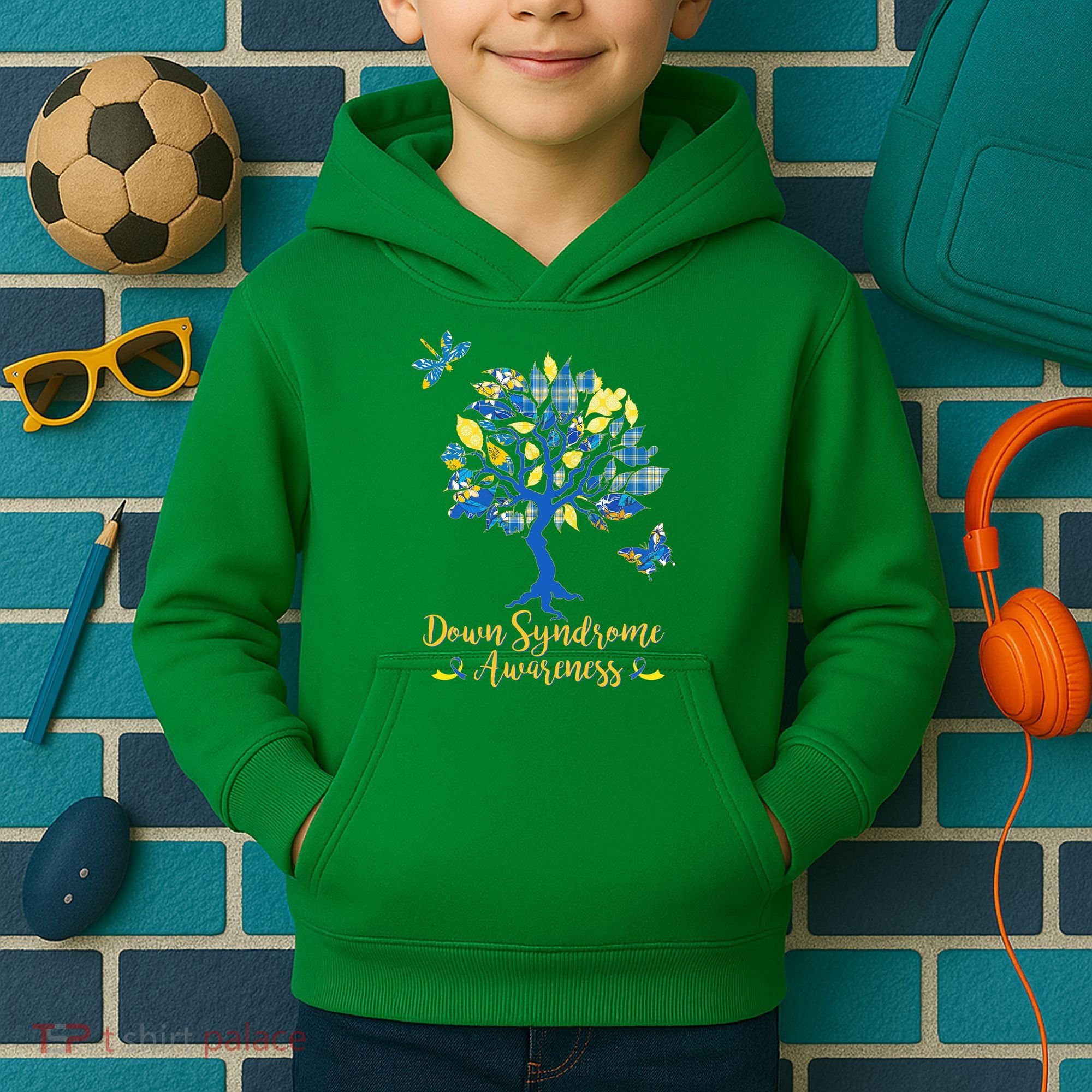 Cute Down Syndrome Awareness Blue Yellow Tree Kids Hoodie