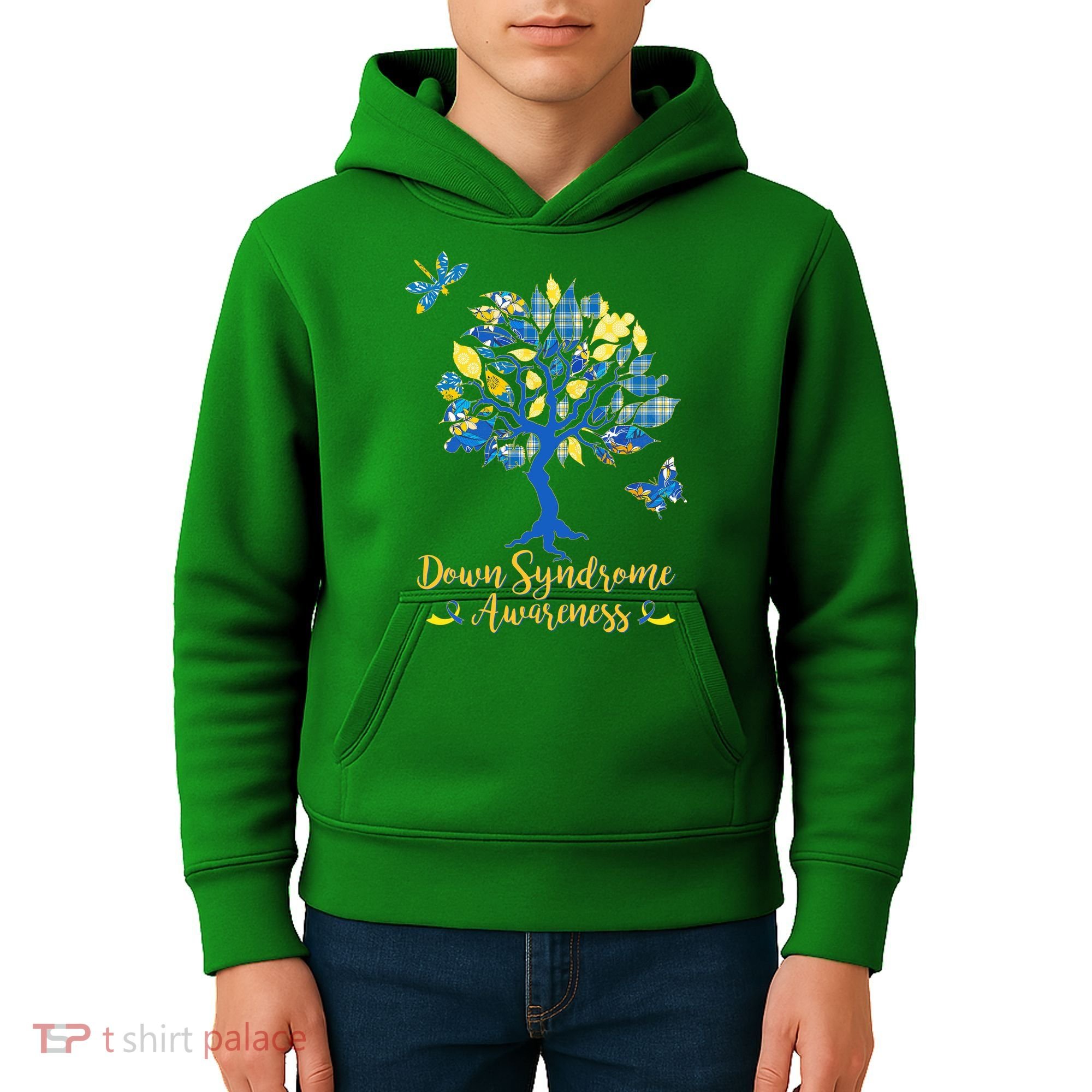 Cute Down Syndrome Awareness Blue Yellow Tree Kids Hoodie