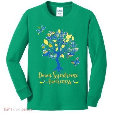 Cute Down Syndrome Awareness Blue Yellow Tree Kids Long Sleeve Shirt