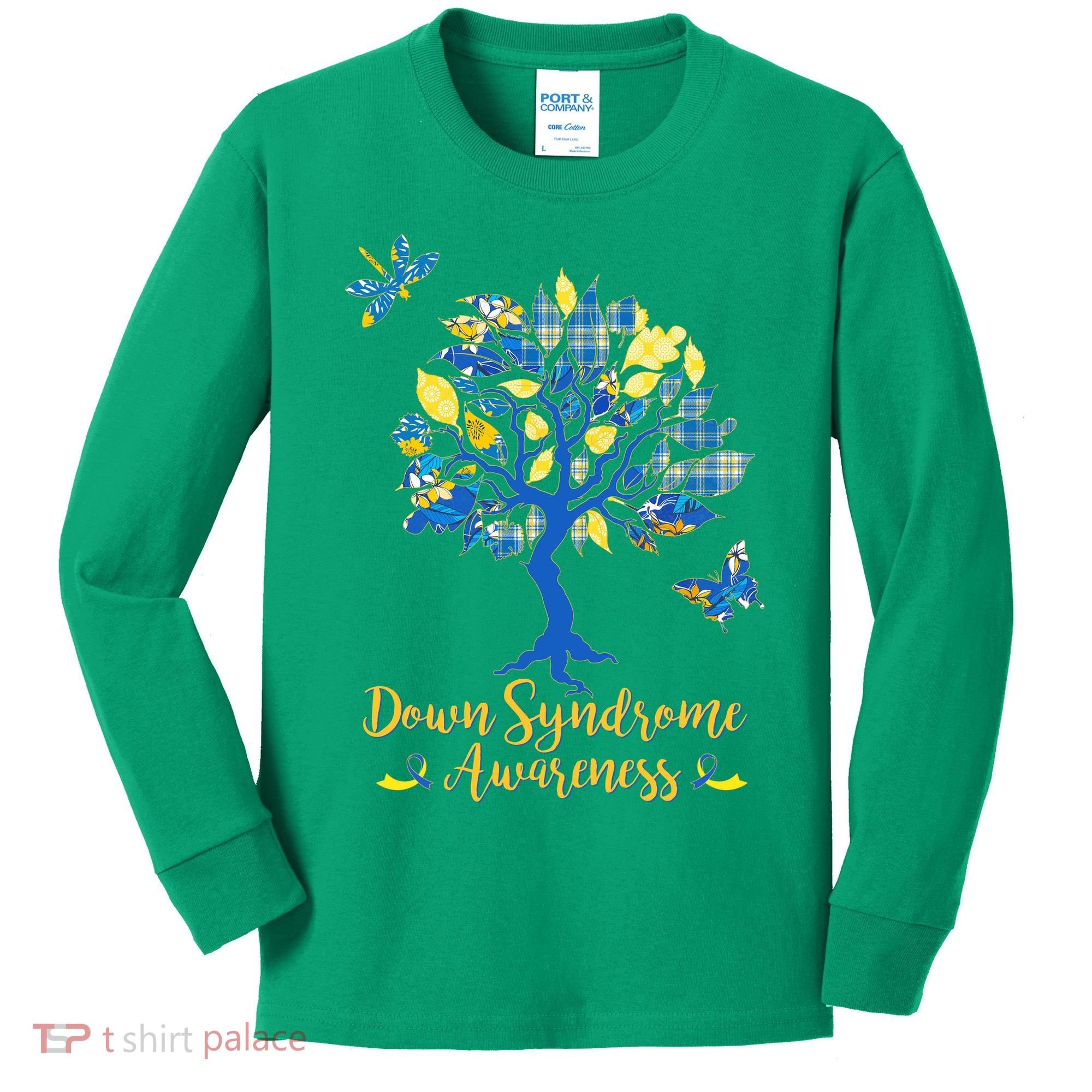 Cute Down Syndrome Awareness Blue Yellow Tree Kids Long Sleeve Shirt