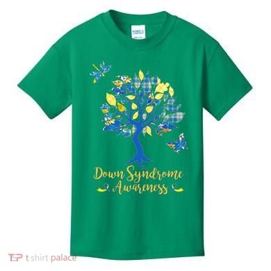 Cute Down Syndrome Awareness Blue Yellow Tree Kids T-Shirt